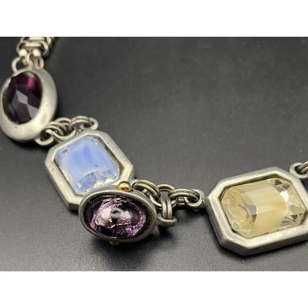 Chainmail Choker Bold Faceted Glass Bezel Gems Silver Tone Toggle 16" Necklace - Picture 6 of 9